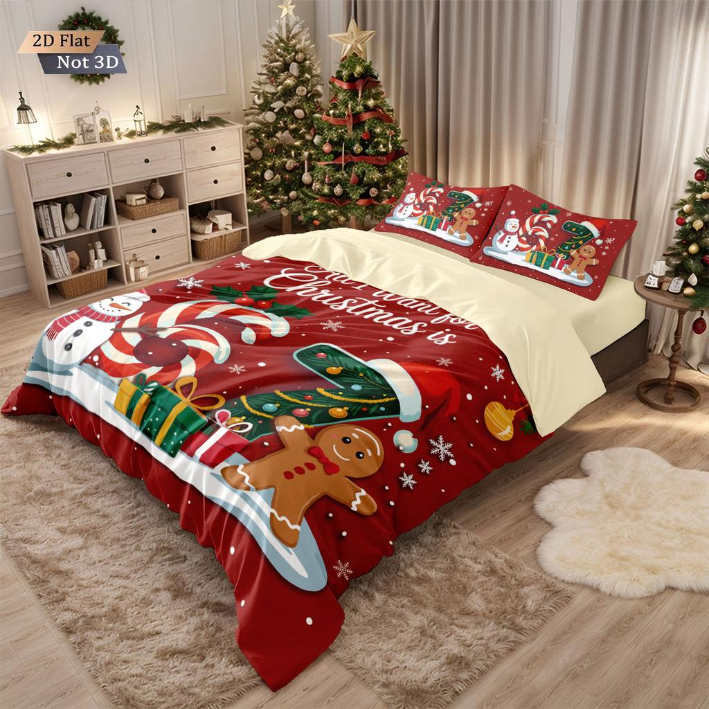 3pcs Happy Christmas Snowman Gingerbread Man Print Quilt Cover Set Multi Size Bedroom Bedding Decoration Machine Washable