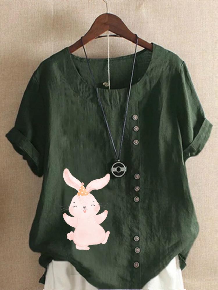 Women's Fashion Cute Rabbit Print Shot Sleeve T-shirt Loose Cotton Shirt Casual Loose Summer Blouse Tops Plus Size