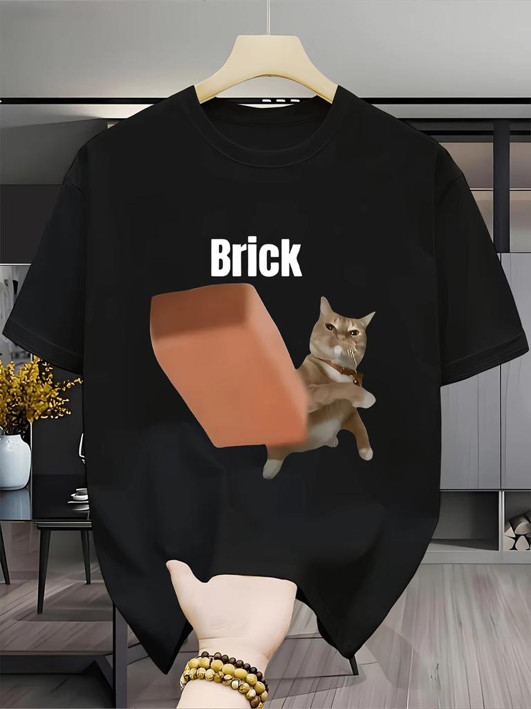 Unisex Funny Meme Cat Brick Graphic Tshirt Humor Animal Print Short Sleeve Tee Casual Streetwear Unisex Unisex Novelty Funny Gift