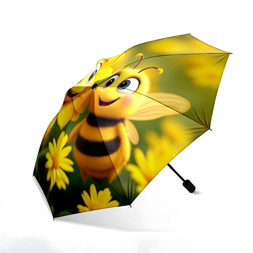 Regenschirm Der Schirm zeigt lebendige Sonnenblumen und eine fröhliche Bienenfigur namens Honeybee. Passt für Reisen, Rucksack,