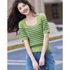 Demana French Style Striped Short Sleeve Knit Top