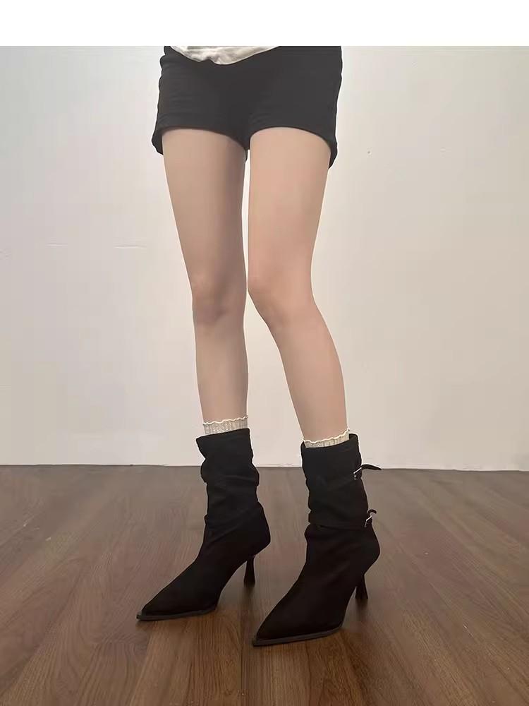 

Autumn Ladies Khaki Suede Solid Pointed Toe Buckle Strap High Heel Mid-calf Boots Women Fashion Slim Short Boots Shoes Size 40 40