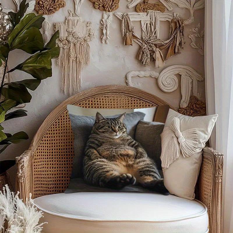 1Pc Lazy Tabby Cat Lounging Printed Throw Pillow Cover, Suitable For Sofa, Bedroom, Living Room,A Healing Gift For Cat Lovers.