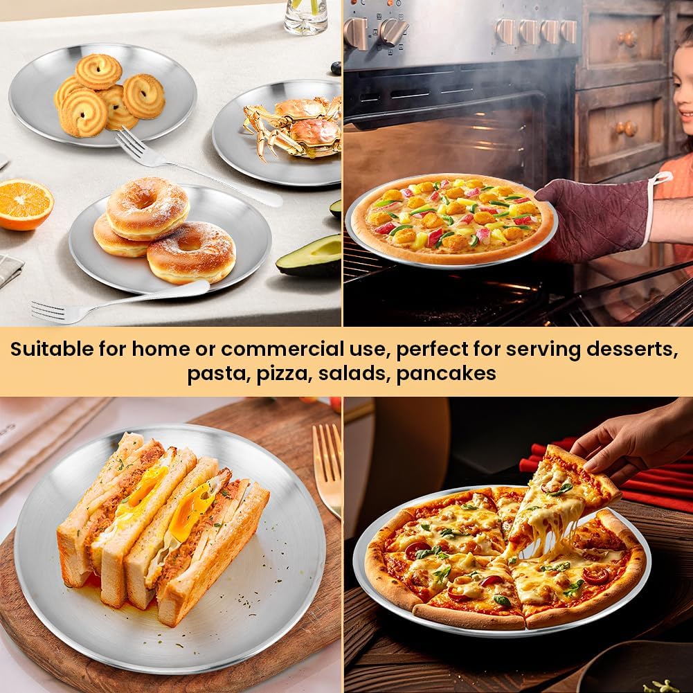 8 Pack Stainless Steel Plates, 8 Inches Metal Dinner Plate with Forks, Round Serving Camping Plates for Serving Dishes Dessert Salad, Unbreakable &