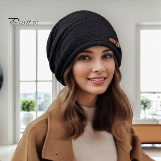 Wintermütze für Damen, dick gestrickt, winddicht, mit Plüsch gefüttert, hält warm, Ohrenschutz, elastische Baggy-Kappe, Outdoor-Mütze für den Schulweg