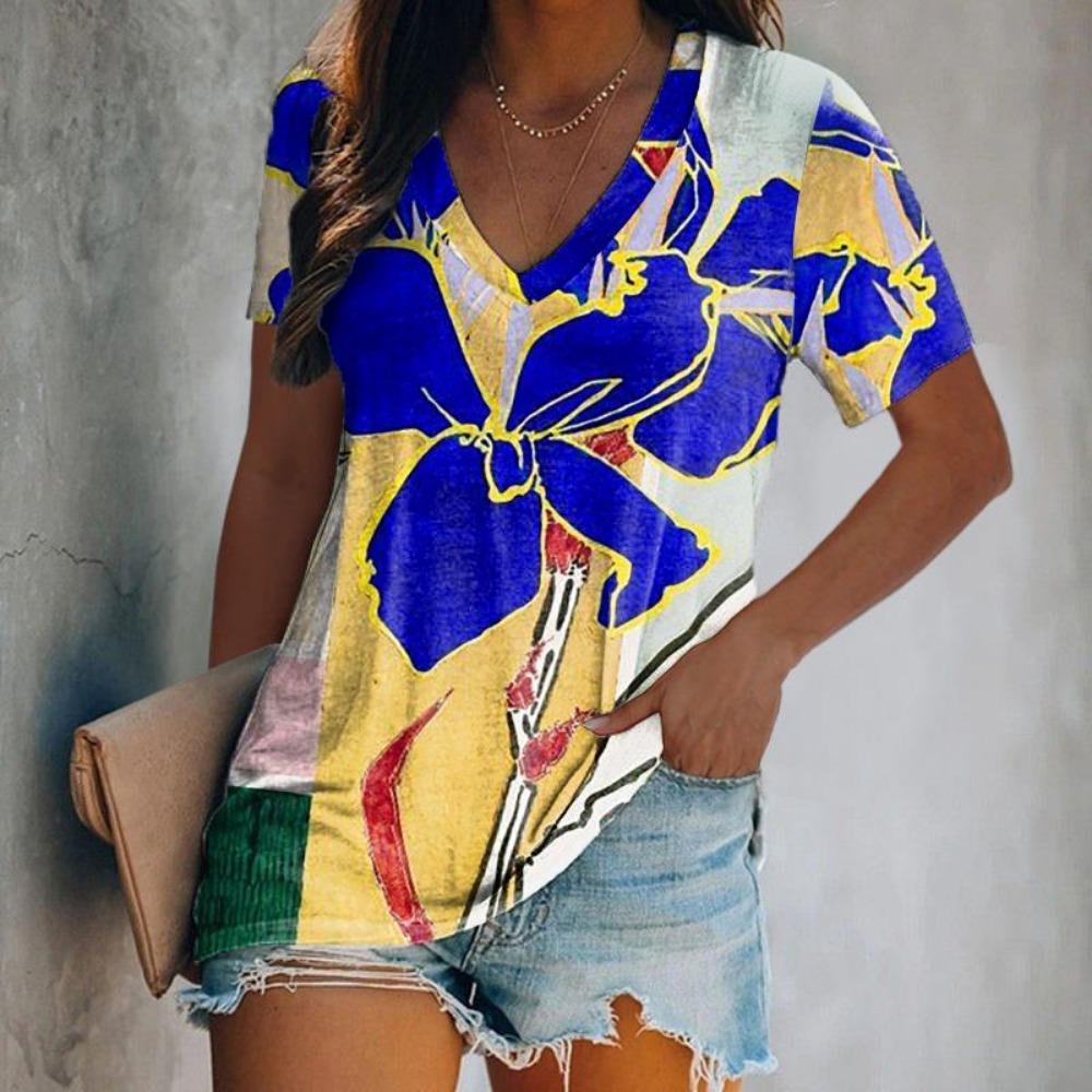 Summer Colorful Floral 3d Printing T-shirt Women's V-neck Short-sleeved T-shirt Top T-shirt