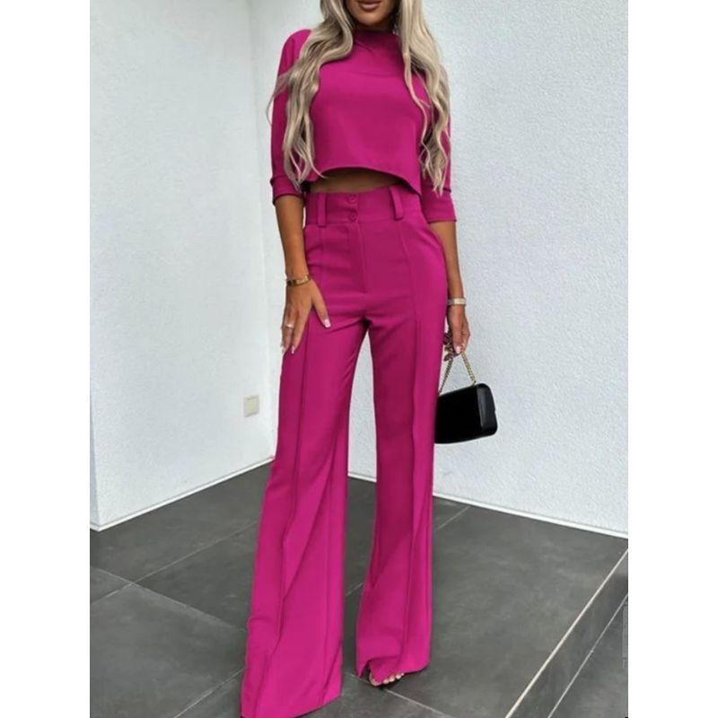 Crop Cropped Top Wide-Leg Pant Suit Crop-Top Short Top Loose Pants Two-piece Set