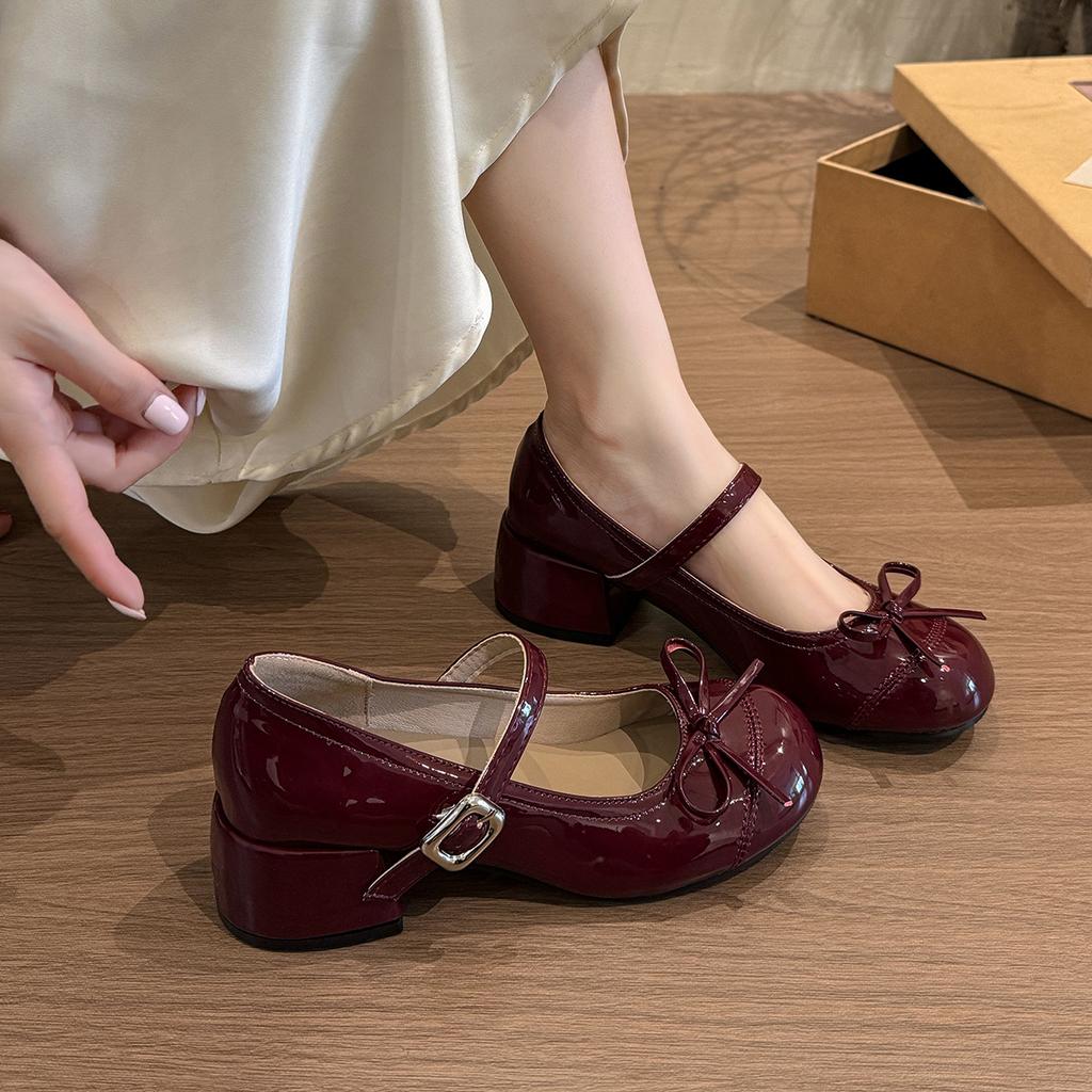 French silver Mary Jane shoes women's 2025 new summer with skirt thick heel high heels women's bow small leather shoes