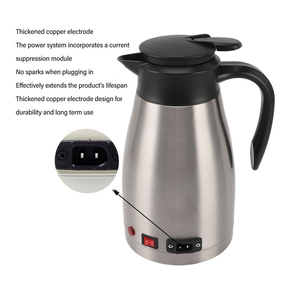 12V Electric Car Kettle Portable Stainless Steel 1300ML Large Capacity Electric Car Water Boiler for Outdoor Travel