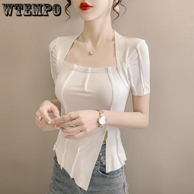 Summer Pure Sexy Square Neck T-shirt Women's Short Sleeve Temperament Slim Fit Split Top Versatile
