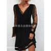 Spring and Autumn New European and American Women's Clothing Sequined Mesh Sleeve V-Neck Pullover Top Fashion Splicing Temperament Dress