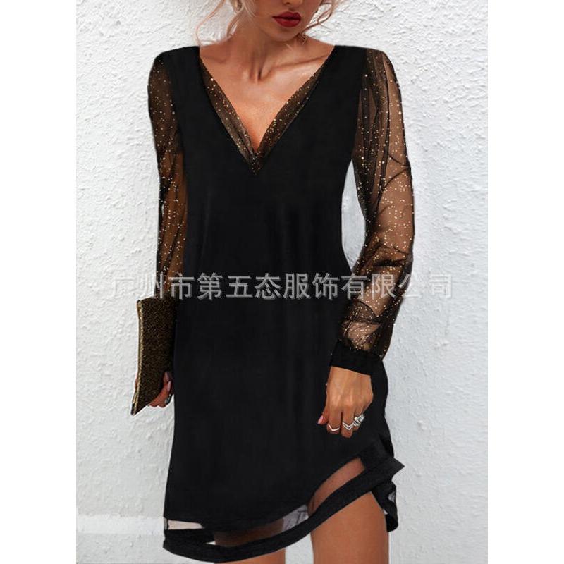 Spring and Autumn New European and American Women's Clothing Sequined Mesh Sleeve V-Neck Pullover Top Fashion Splicing Temperament Dress