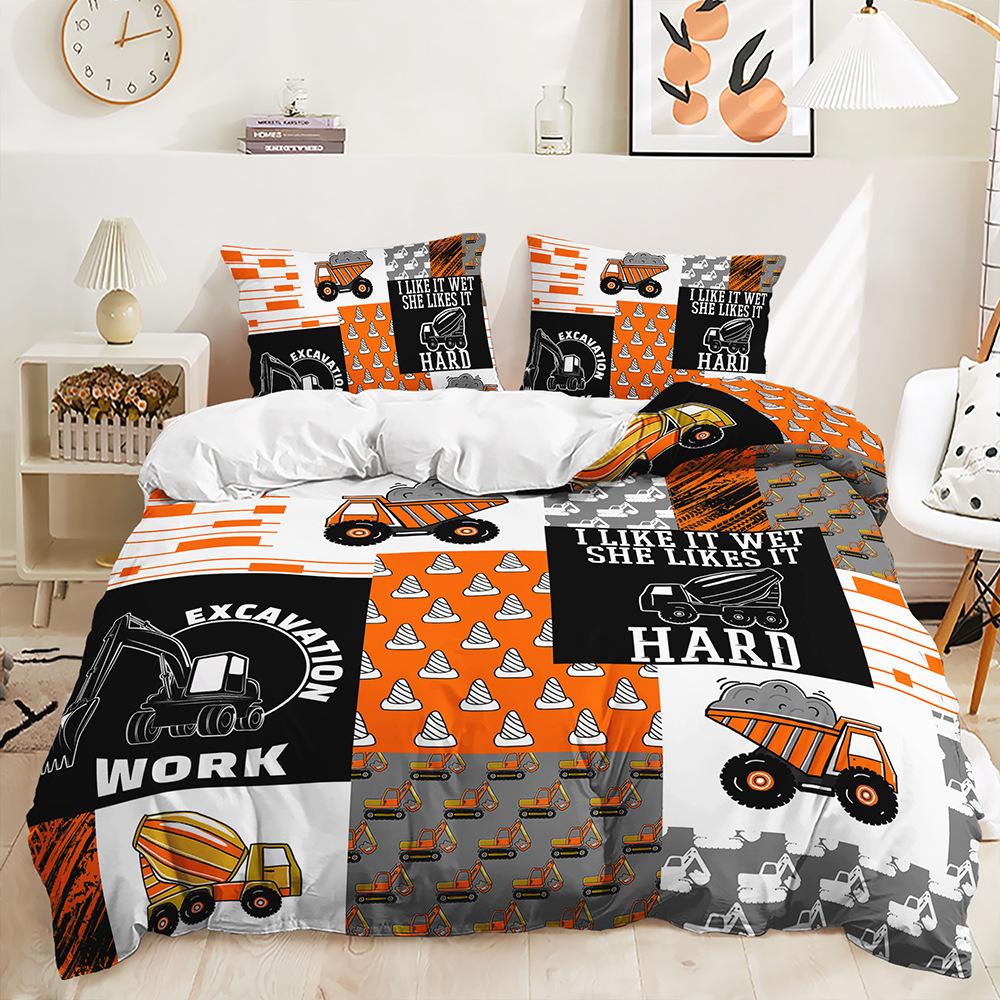 Three-Piece Construction Site Truck Decorative Quilt Cover Digital Printing Kit Bedding