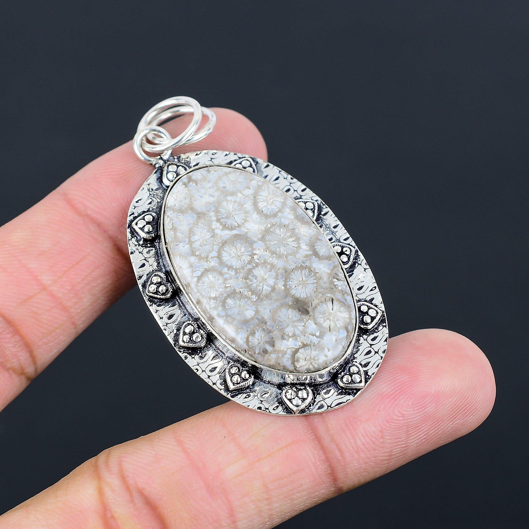 925 Silver Fossil Coral Gemstone Birthday Bezel Anniversary Wife Pendant Jewelry