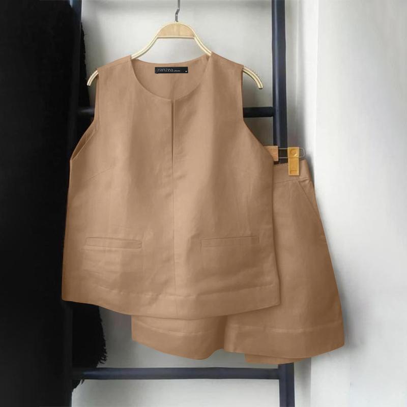 

ZANZEA Женские летние комплекты с круглым вырезом без рукавов и карманами и шортами 2XL