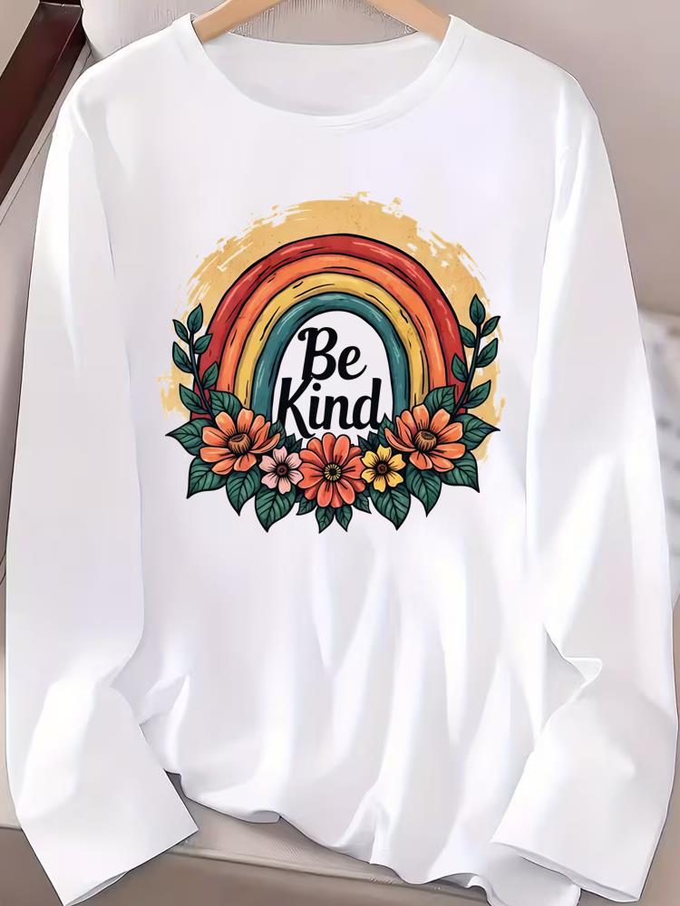 

(Asian Size) letter sweet trend 90s cute Women Female Clothing Casual Tee Lady Printed o-neck Long Sleeve T Shirt Fashion Top Graphic T-shirts S