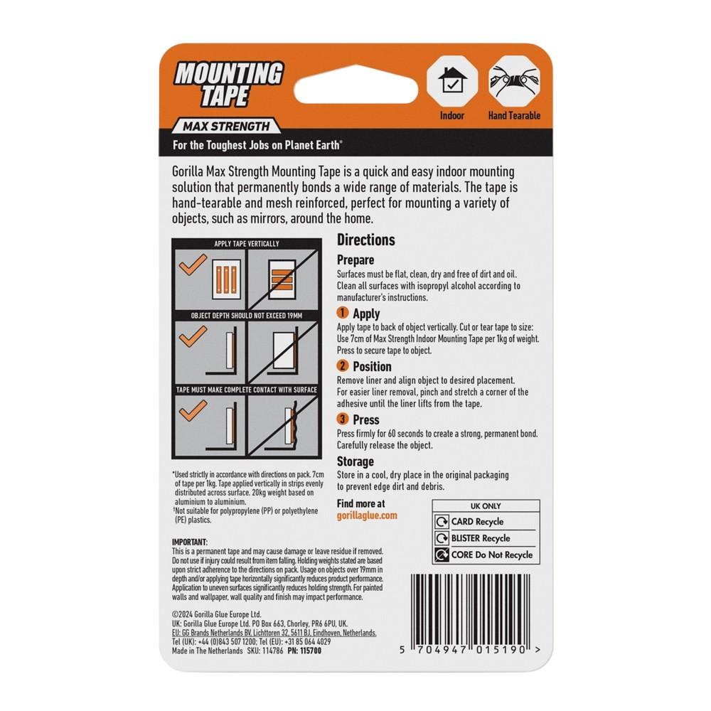 Gorilla Nastro di Montaggio Extra Forte XL 25mm x 3.8m