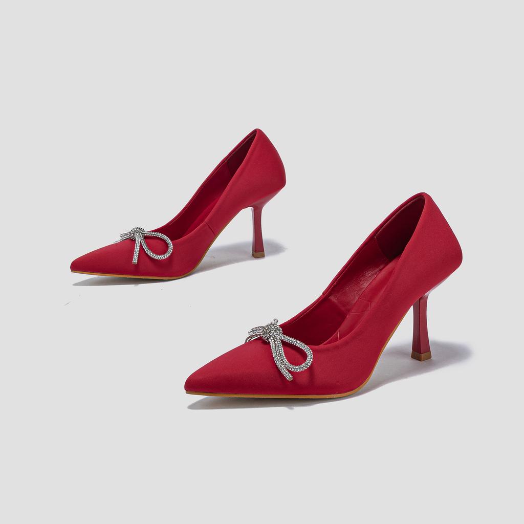 Fashion French High Heels, Women's Rhinestone Bow, Socialite Temperament, Simple Summer Plus Size Single Shoes