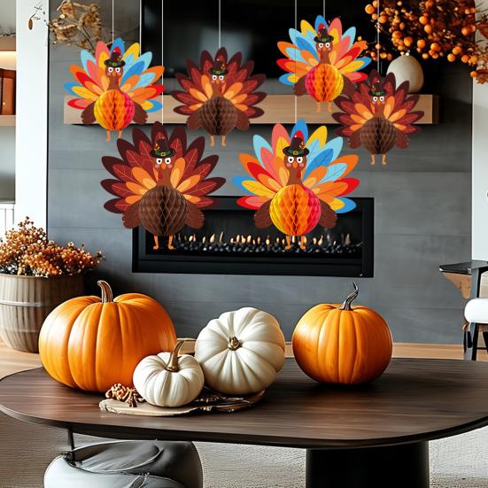 Thanksgiving Turkey Honeycomb Ornament Hanging Paper Turkey Honeycomb Decoration for Thanksgiving Party Favors Dining Table Decor