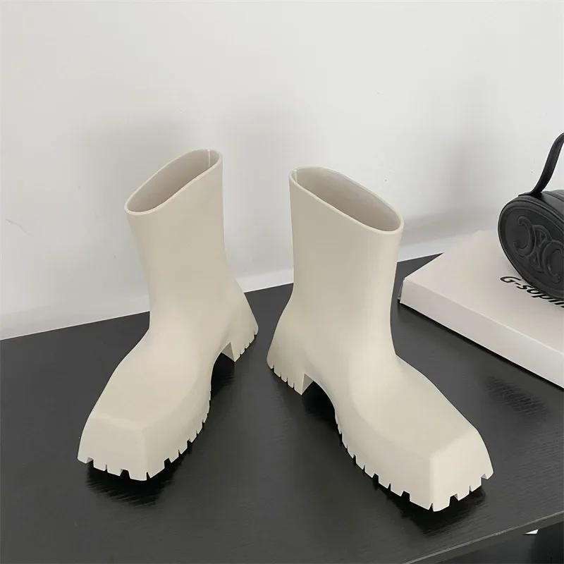 Luxury Women Boots Designer Boots Waterproof Non-slip Short Boot Square Toe Soft Leather Comfy Women Platform Rain Boots