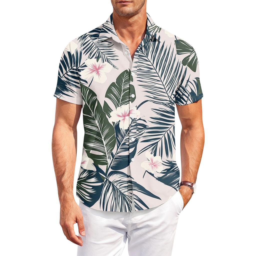 Men's Casual, Loose-Fit Short-Sleeve Shirt With Hawaiian Print