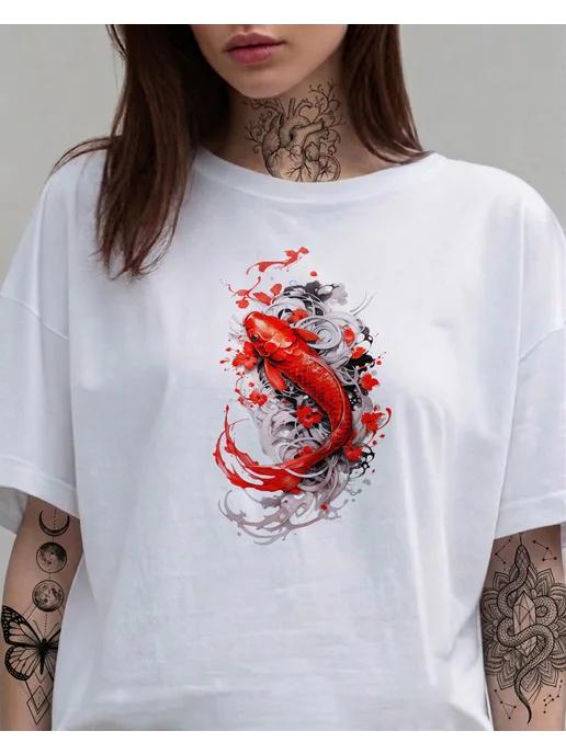 Red Little Fish print T-shirt for summer XL