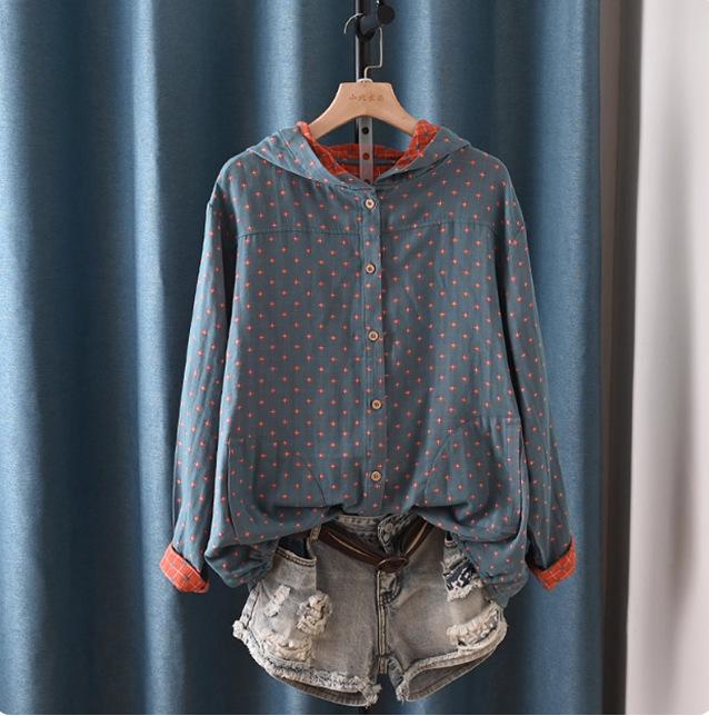 Хлопковые клетчатые рубашки с капюшоном для женщин осень весна повседневные блузки женские худи классические оверсайз топы One Size зелёный 2570₽