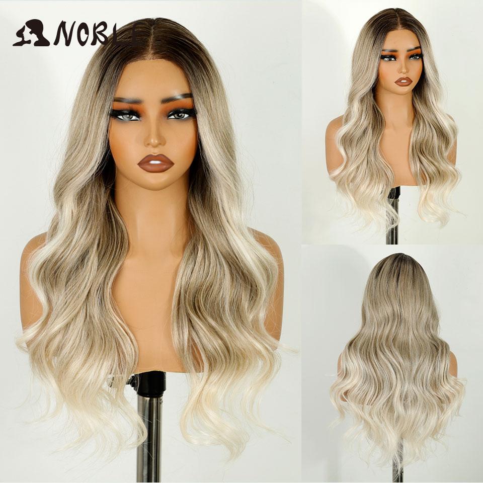 Noble Synthetic Lace Front Wigs For Women 26 Inch Long Wavy Ombre Blonde White Highlight Pre Plucked Pre-Cut Cosplay Lace Wigs