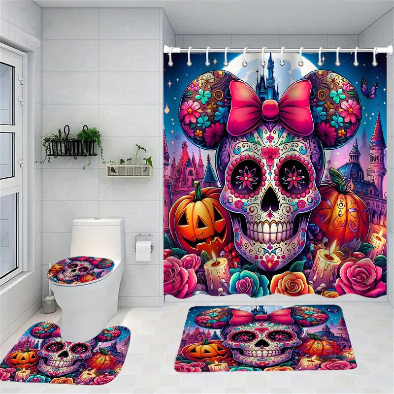 Halloween ghost Skull Pattern Shower Curtain Bath Sets Waterproof Non-Slip Bathroom Rug Toilet U With 12 Hooks Home Deco