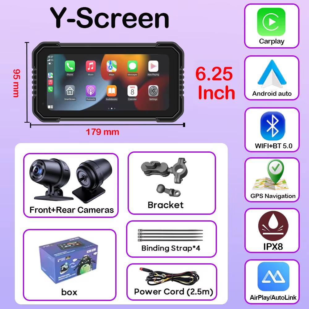 6.25 Inch Motorcycle Navigation Screen Wireless CarPlay Android Auto Motorcycle GPS Motor Dual  DVR Monitor AMP TPMS Optional