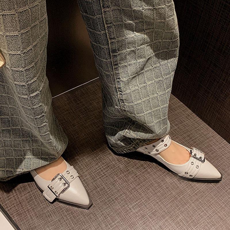 Fashion Comemore Retro Belt Buckle Pointed Pumps Chunky Low Heeled Riveted Shoes Hollowed Out Solid Women's Baotou Thick Heel Sandals