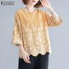 ZANZEA Women Summer Round Neck 3/4 Sleeve Printed Wave Edge Blouses