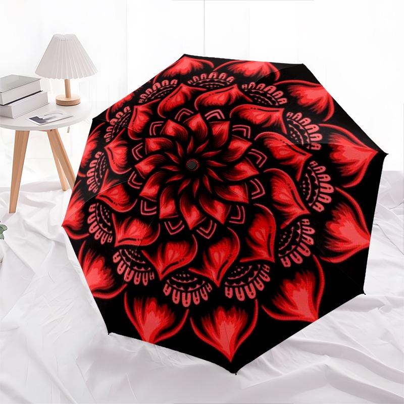 1pc Red, Mandala, Symmetry Umbrella with Plastic Handle,Compact & Stylish,Suitable for All Seasons YS331018