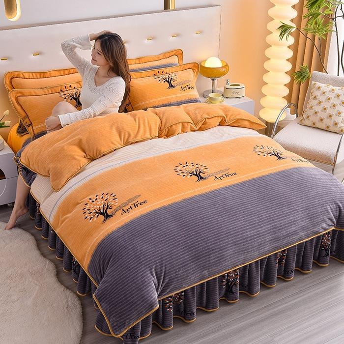 Thickened Milk Fleece Four-Piece Warm Double-Sided Coral Fleece Quilt Cover Flannel Sheet Bed Skirt Bedding