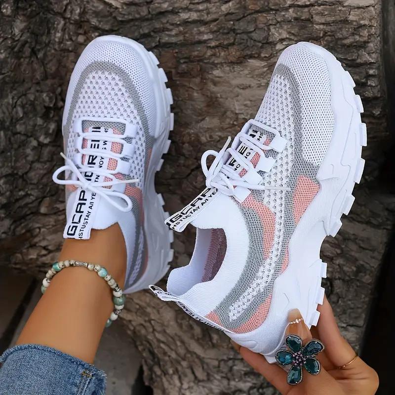 Women's Color Blocked Casual Sports Shoes, Flight Woven Breathable Lace Up Running Shoes, Fashionable Mesh Platform Casual Shoes