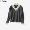 VONDA Autumn Winter Women Lace V Neck Long Sleeve Knitted Pullover Sweaters Jumpers