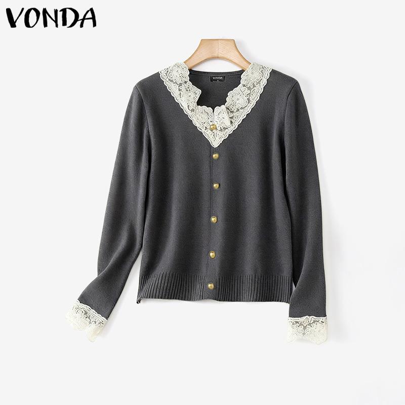

VONDA Autumn Winter Women Lace V Neck Long Sleeve Knitted Pullover Sweaters Jumpers F серый