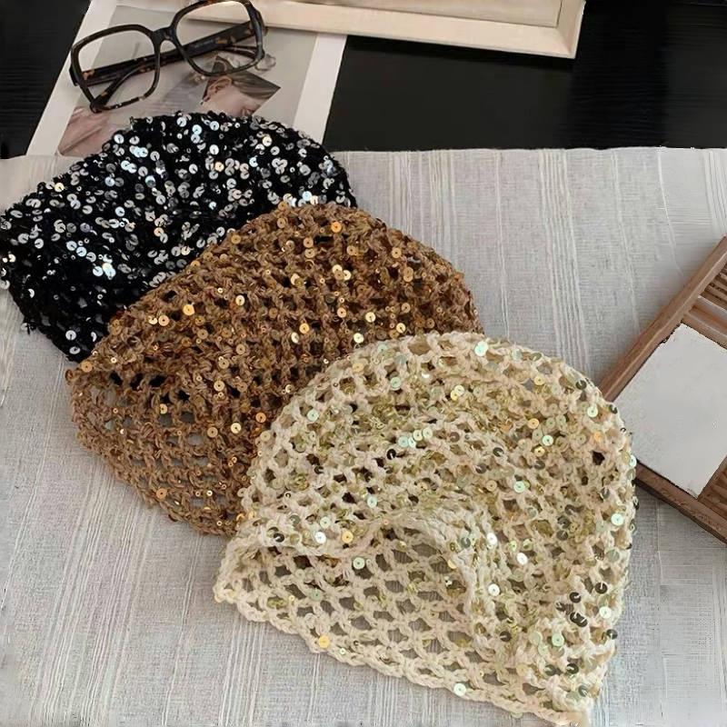 Vintage Sequined Hollow Pullover Hats Women Summer Autumn Travel Photo Atmosphere Versatile Casual Y2K Knit Beanie Hat