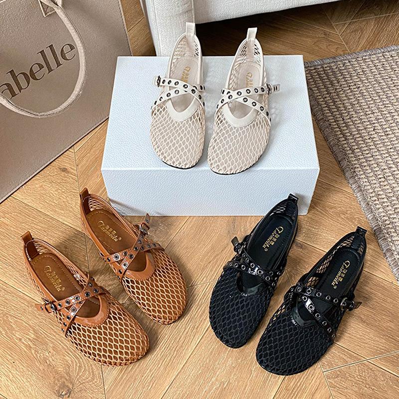 Fashion 2025 Fishnet Shoes Woman Rivet Strap Flats Mocasines Hollow Out Ballerinas Ladies Air Mesh Mary Janes Femmes Barefoot Loafers cm albicocca