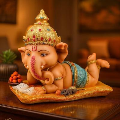 Niedliche Bal Ganesha Harz-Dekorstatue für Heimdekoration - (Set mit 1 Stück, mehrfarbig)