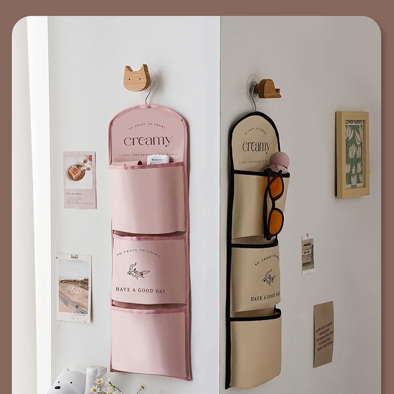 3/7 Pockets Creative Wall Mounted Storage Bag,Satin Organizer with Hooks for Keys Sundries,Multi-Purpose Hanging Bags Home Decor