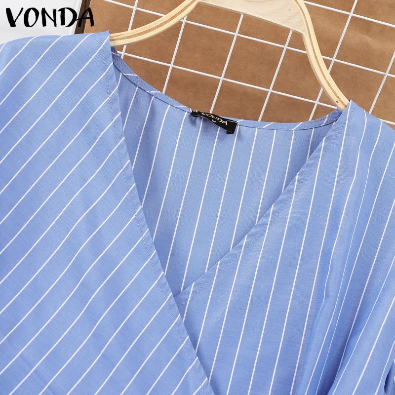 VONDA Women Autumn V-Neck Striped 3/4 Sleeve Button Trim Shirts