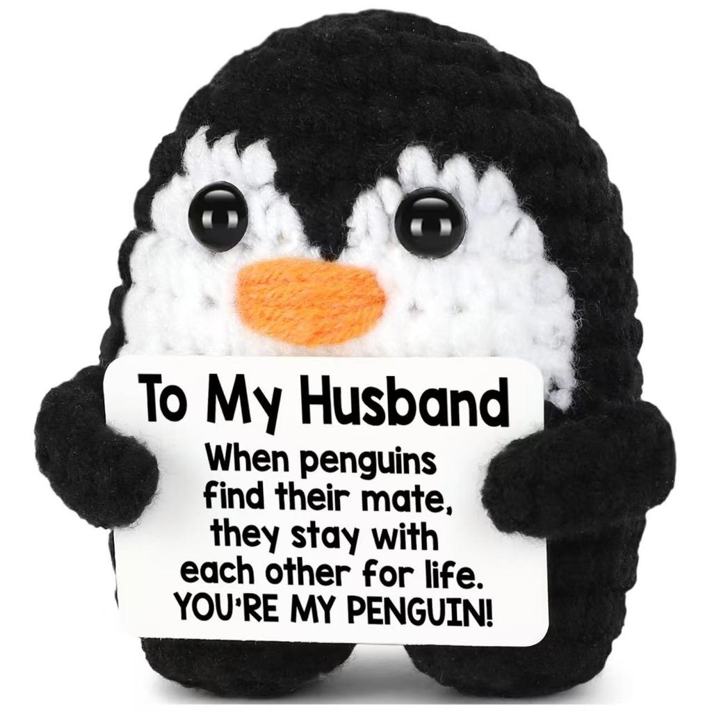 Hand-Knitted Penguin Wool Plush Ornament with Positive Energy Card