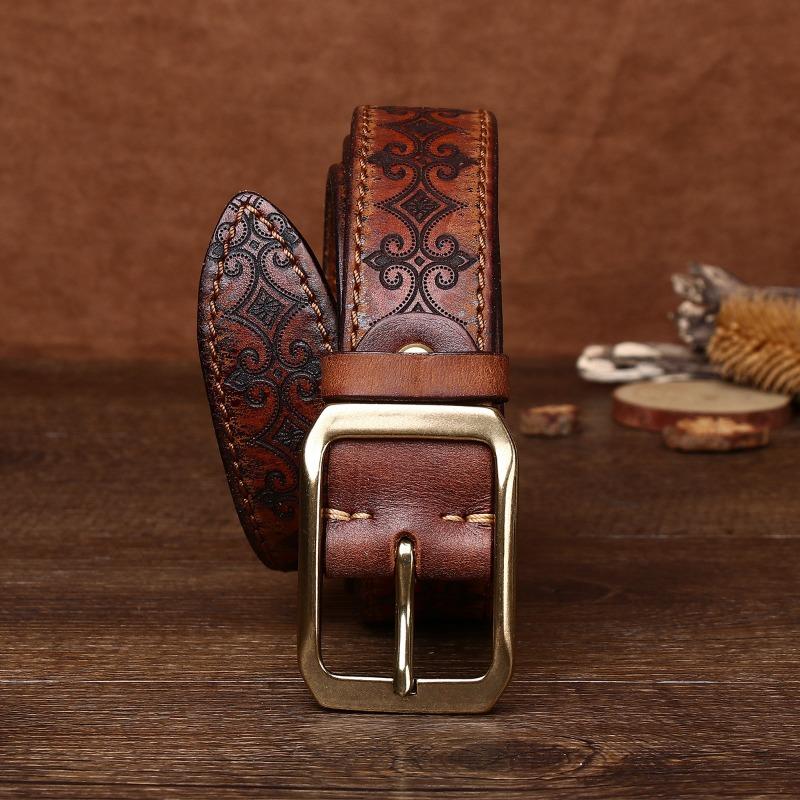Belt Men's Copper Pin Buckle Thickened First Layer Cowhide Men's Genuine Leather Retro Engraved Export Belt Locomotive Men's Models
