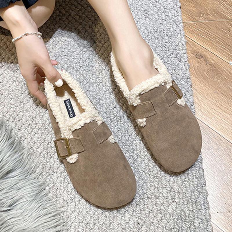 Fashion Faux Suede Lambswool Shoes Woman Cotton Fur Flats Winter Curly Lana Loafers Femme Warm Slip On Woolen Mocasines Snow Furry Botas