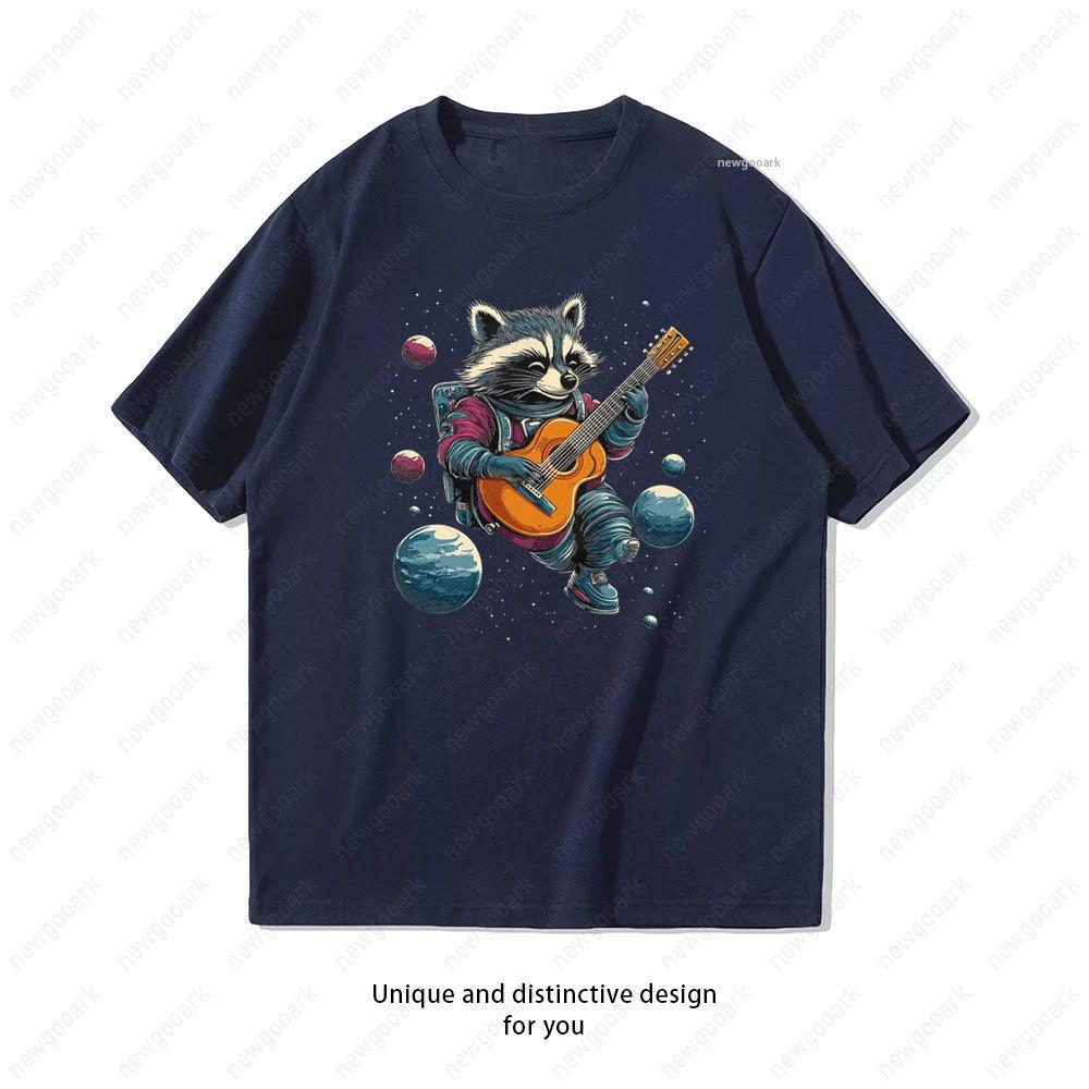 

Raccoon Playing Guitar in Space Funny Gift Black Tee T Shirt Women Unisex Summer Fashion Casual Cotton Graphic T Shirts Streetwear S