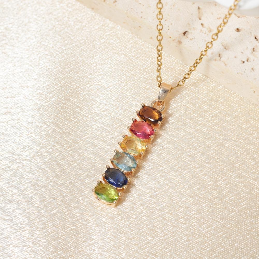 Regenbogen Mehrfarbiger Zirkonia Vertikaler Stab Anhänger Halskette, Goldfarbener Chakra Schmuck für Damen