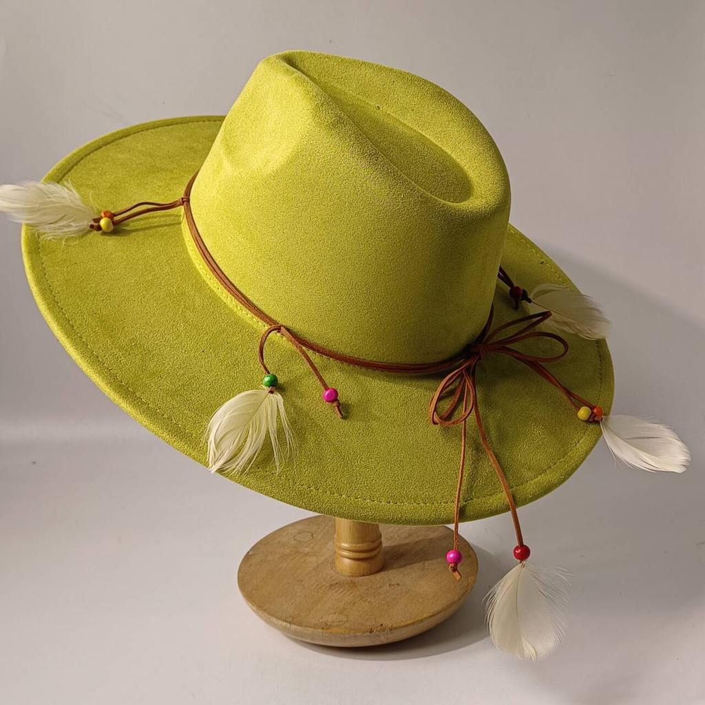 2026Bohemian style suede hat, brim 9.5 cm fedora with feather accessories, classic church hat, wide brim hat, women's hat