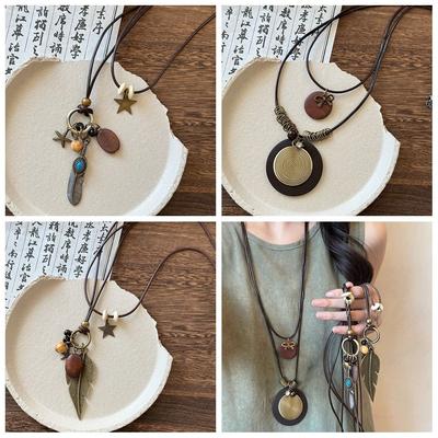 Exquisite Tassel Ethnic Style Necklace Geometric Pu Rope Bohemian Style Choker Wood Leaf Long Sweater Chain Women
