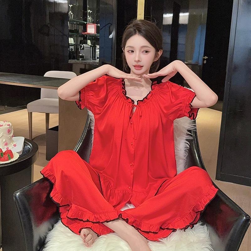 New pajamas women's ice silk spring and summer French high-end suit, one-word shoulder can be worn outside, simulated silk loungewear